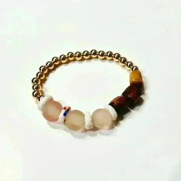 Pink African Sea Glass Bracelet w/ 14K Gold-Filled Bracelet and Natural Wood - Picture 1 of 2